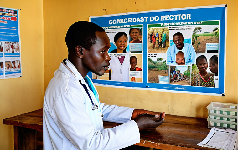 **

"Congolese doctor collaborating with international aid worker, treating patients in a rural clinic. Focus on trust and cultural sensitivity. Background: educational posters in local language."

**